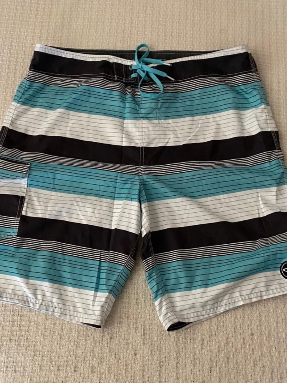 O'Neill Teal Black White Striped Men's Swim Board Shorts